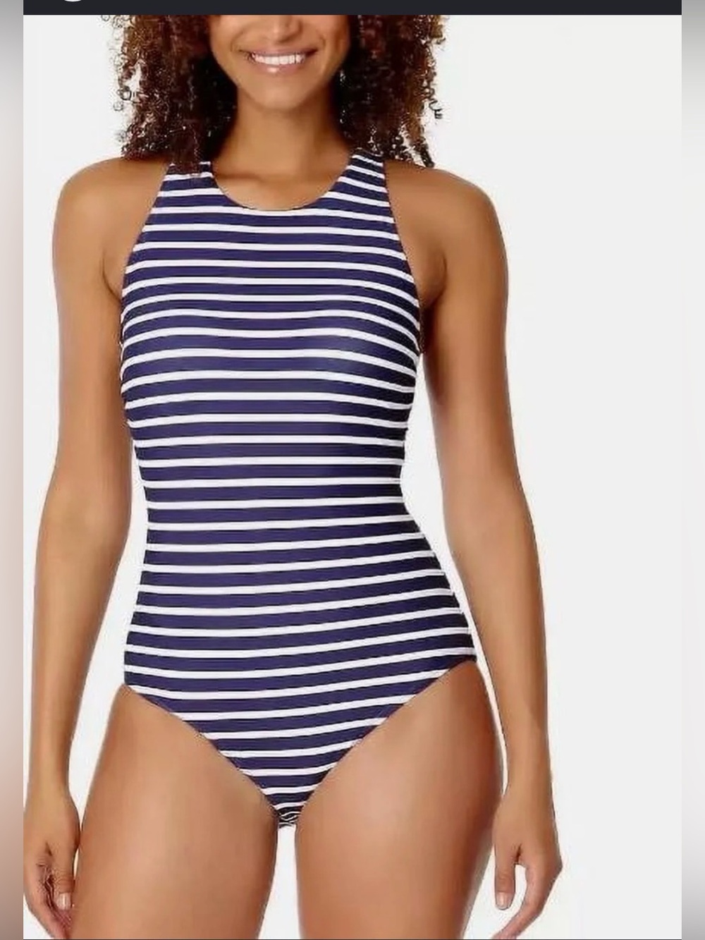 Lands' End Navy and White Striped High-Neck One-Piece